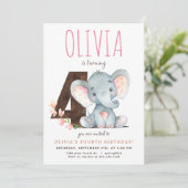 ピンクの象の4歳誕生日パーティー招待状 招待状 (スタンド正面)