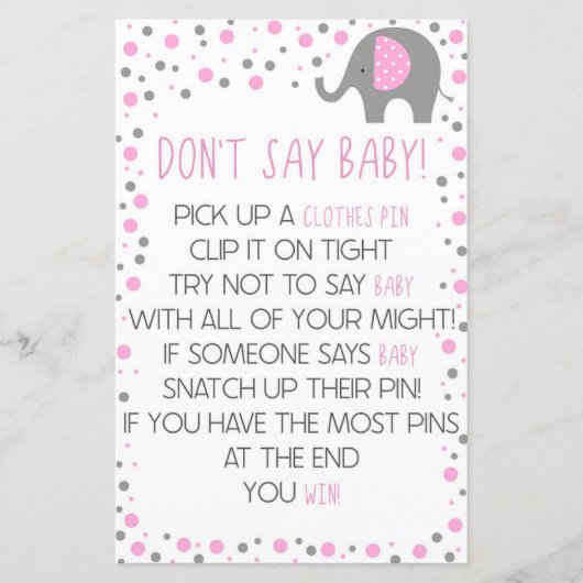 ピンクの象は赤ちゃんシャワーのゲームを言わない (正面)