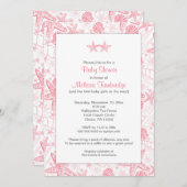 ピンクの貝殻とヒトデの双子の女の子のベビーシャワー 招待状 (正面/裏面)