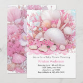 ピンクの貝殻と楽園のような牧場の Baby Shower 招待状 (正面/裏面)