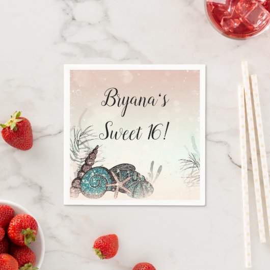 ピンクの貝殻と海の宝石のビーチ スイート 16 パーティー スタンダードカクテルナプキン (インサイチュ)