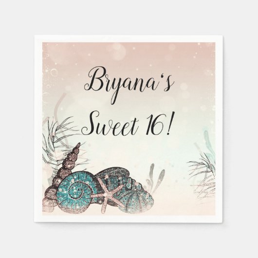 ピンクの貝殻と海の宝石のビーチ スイート 16 パーティー スタンダードカクテルナプキン (正面)