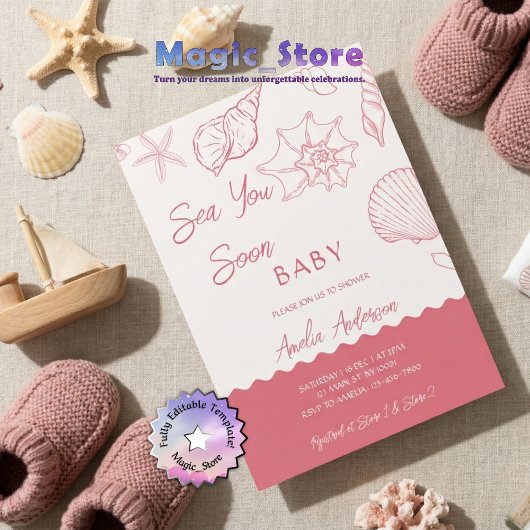 ピンクの貝殻と海岸のベビーシャワー "Sea You Soon" 招待状