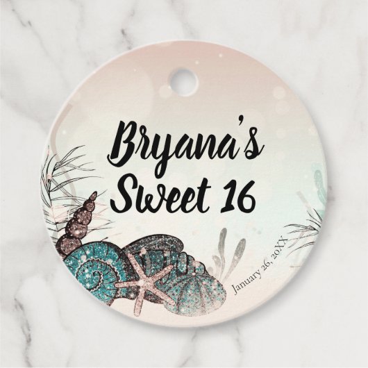 ピンクの貝殻ビーチ スイート16パーティー フェイバータグ (正面)