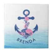 ピンクの貝類ネイビーブルー航海のいかり タイル (正面)