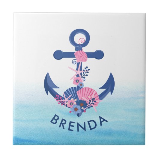 ピンクの貝類ネイビーブルー航海のいかり タイル (正面)
