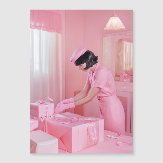 ピンクの贈り物のラッピングの芸術 マグネット招待状 (正面)