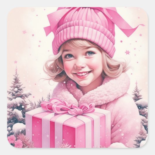 ピンクの贈り物箱を持つヴィンテージガール スクエアシール (正面)