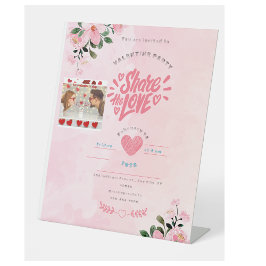 ピンクの赤いイラストのバレンタインデーのカード 台座サイン