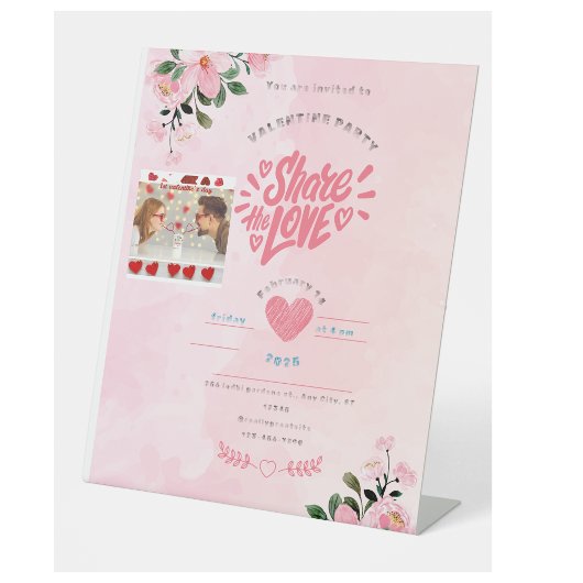 ピンクの赤いイラストのバレンタインデーのカード 台座サイン