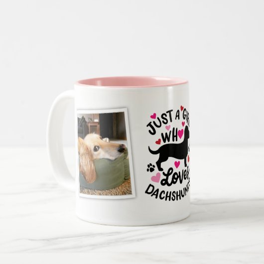 ピンクの赤いハートウィーナードッグラバーフォトコーヒーマグ ツートーンマグカップ (正面左)