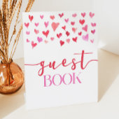 ピンクの赤いハートバレンタインゲストブックパーティーサイン 台座サイン