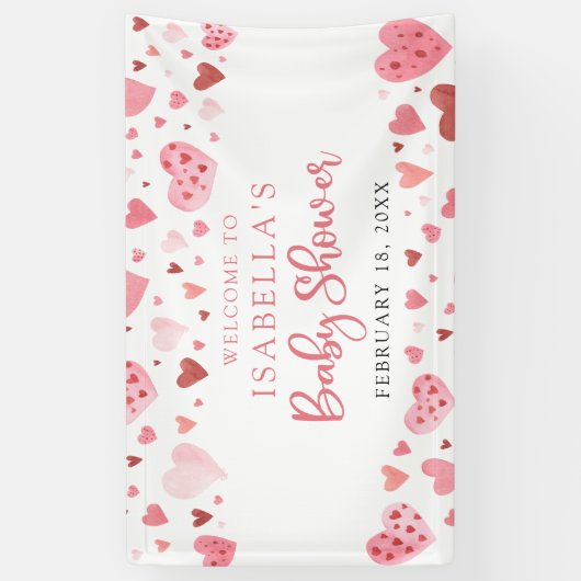 ピンクの赤いハートバレンタインスイートハートベビーシャワー 横断幕 (縦)