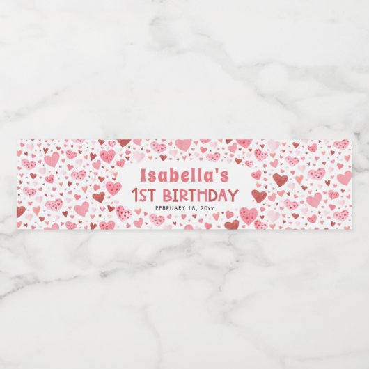 ピンクの赤いハートバレンタインデーの誕生日パーティー ペットボトルラベル (シングルラベル)