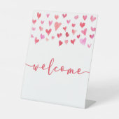 ピンクの赤いハートミニウェルカムテーブルパーティー記号 台座サイン (正面)