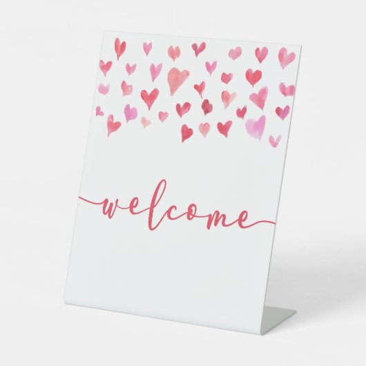 ピンクの赤いハートミニウェルカムテーブルパーティー記号 台座サイン (正面)