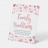 ピンクの赤いハート家族の伝統ベビーシャワーのサイン 台座サイン (正面)