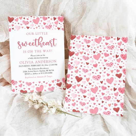 ピンクの赤いハート私たちの小さな恋人の赤ちゃんシャワー 招待状