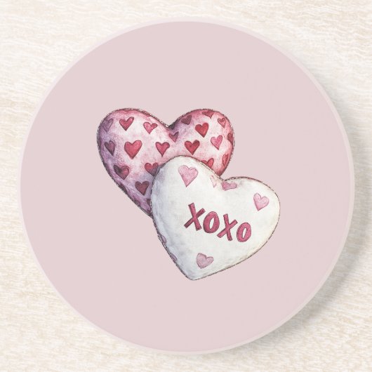 ピンクの赤いハート XOXO コースター (正面)