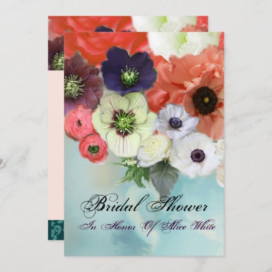 ピンクの赤いバラとアネモネの花ブライダルシャワー 招待状 (正面/裏面)