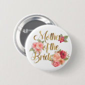 ピンクの赤いフローラと金ゴールドの母の花嫁 缶バッジ (正面&裏面)