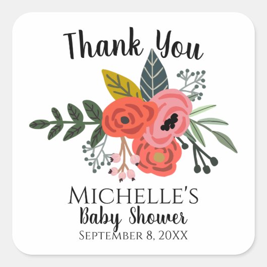 ピンクの赤いランナキュラス花束サマーフラワーパーティー スクエアシール (正面)