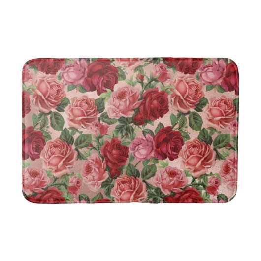 ピンクの赤いヴィンテージフローラルパターンのピンクのローズ金ゴールド バスマット (正面)