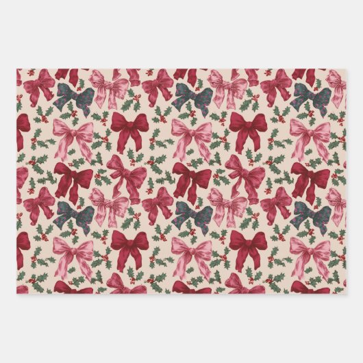 ピンクの赤いヴィンテージ弓クリスマス ラッピングペーパーシート (正面3)