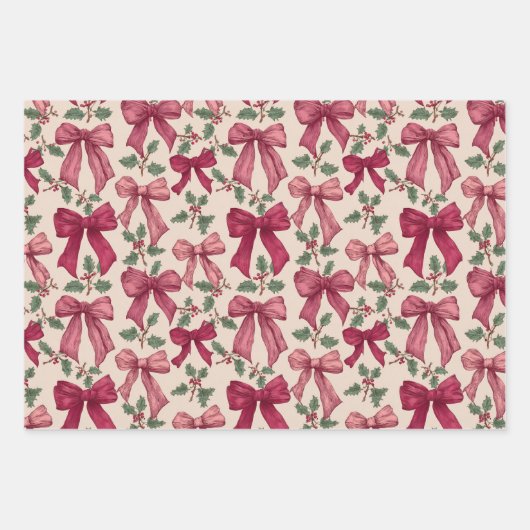 ピンクの赤いヴィンテージ弓クリスマス ラッピングペーパーシート (正面)