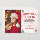 ピンクの赤い冬のクリスマス誕生日写真 サンキューカード (正面)