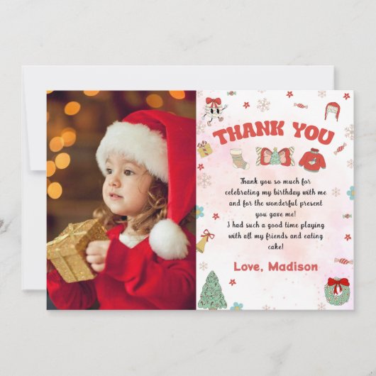 ピンクの赤い冬のクリスマス誕生日写真 サンキューカード (正面)