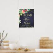 ピンクの赤い庭のバラネイビー結婚の歓迎サイン ポスター (キッチン)