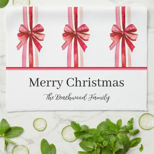 ピンクの赤い弓クリスマス キッチンタオル (折り畳み)