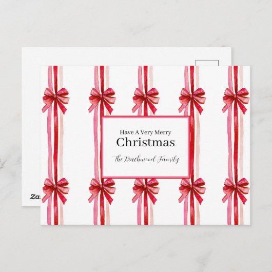 ピンクの赤い弓クリスマス シーズンポストカード (正面/裏面)