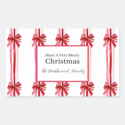 ピンクの赤い弓クリスマス 長方形シール (正面)