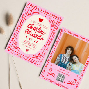 ピンクの赤い手描き波状レトロ結婚の 招待状