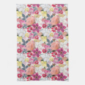 ピンクの赤い水色の花。 キッチンタオル (縦)