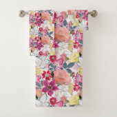 ピンクの赤い水色の花。 バスタオルセット (インサイチュ)