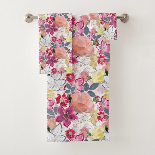 ピンクの赤い水色の花。 バスタオルセット (インサイチュ)