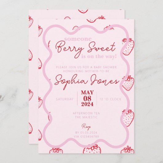 ピンクの赤い波状のベリー甘い女の子の赤ちゃんシャワー 招待状 (正面/裏面)