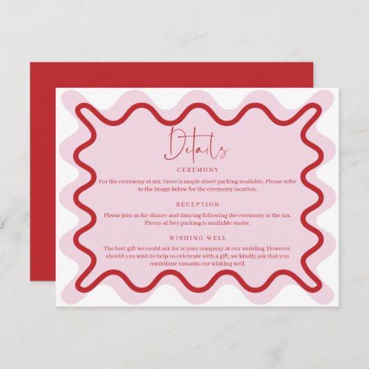 ピンクの赤い波状縁ど詳細エンクロージャカード 招待状 (正面/裏面)