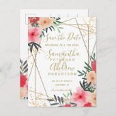 ピンクの赤い緑のフローラ金ゴールドフレームに日付を保存 案内ポストカード (正面/裏面)