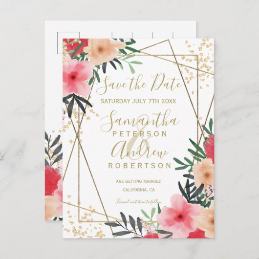 ピンクの赤い緑のフローラ金ゴールドフレームに日付を保存 案内ポストカード (正面/裏面)