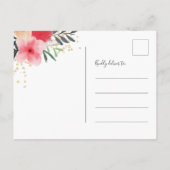 ピンクの赤い緑のフローラ金ゴールドフレームに日付を保存 案内ポストカード (裏面)