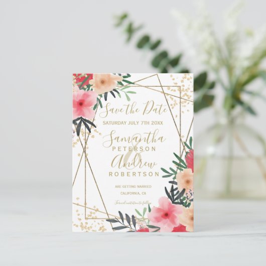 ピンクの赤い緑のフローラ金ゴールドフレームに日付を保存 案内ポストカード (スタンド正面)