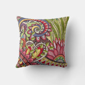 ピンクの赤い緑の花と渦巻き模様 クッション (裏面)