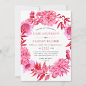 ピンクの赤い花と葉リースの結婚 招待状 (正面)