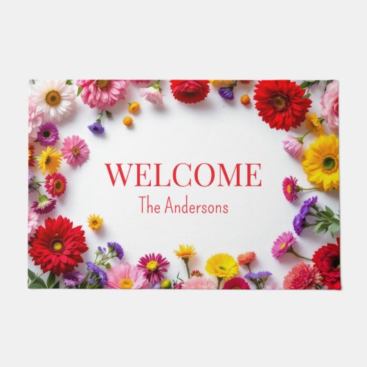 ピンクの赤い花のカラフルドアマット ドアマット (正面)