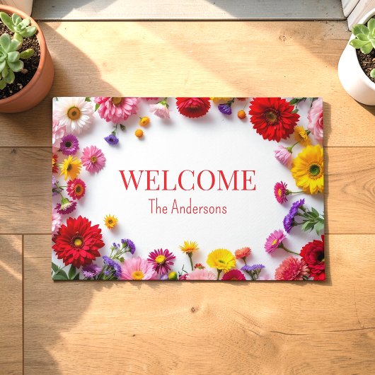 ピンクの赤い花のカラフルドアマット ドアマット