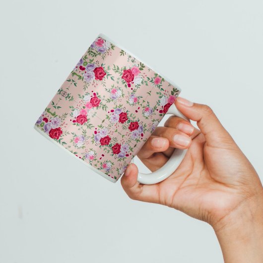 ピンクの赤い花パターンアート コーヒーマグカップ